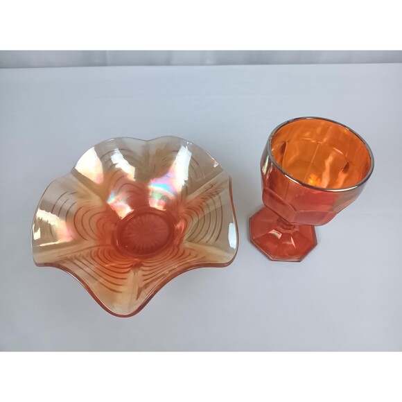 Vintage Bowl And Goblet Handmade Orange Carnival Glass Reverse Ruffled Edges - Picture 4 of 10